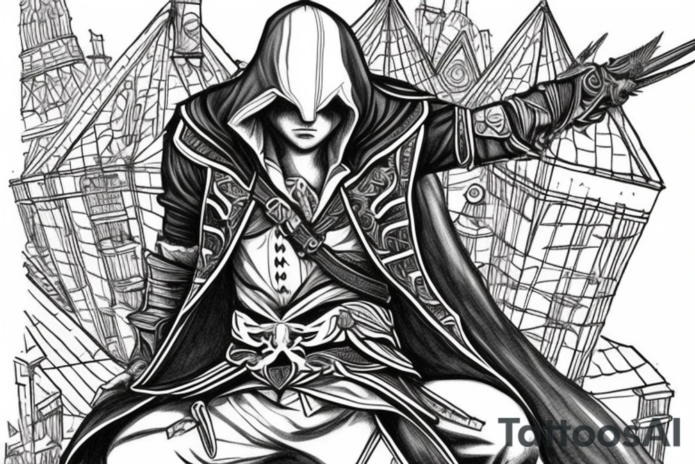 Assassin's creed assassin on the roof looking down the city tattoo idea