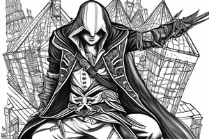 Assassin's creed assassin on the roof looking down the city tattoo idea