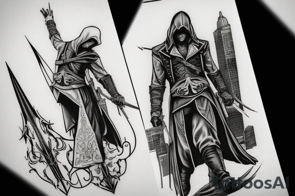 Assassin's creed assassin on the roof looking down the city in modern times tattoo idea