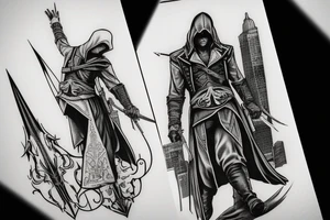 Assassin's creed assassin on the roof looking down the city in modern times tattoo idea