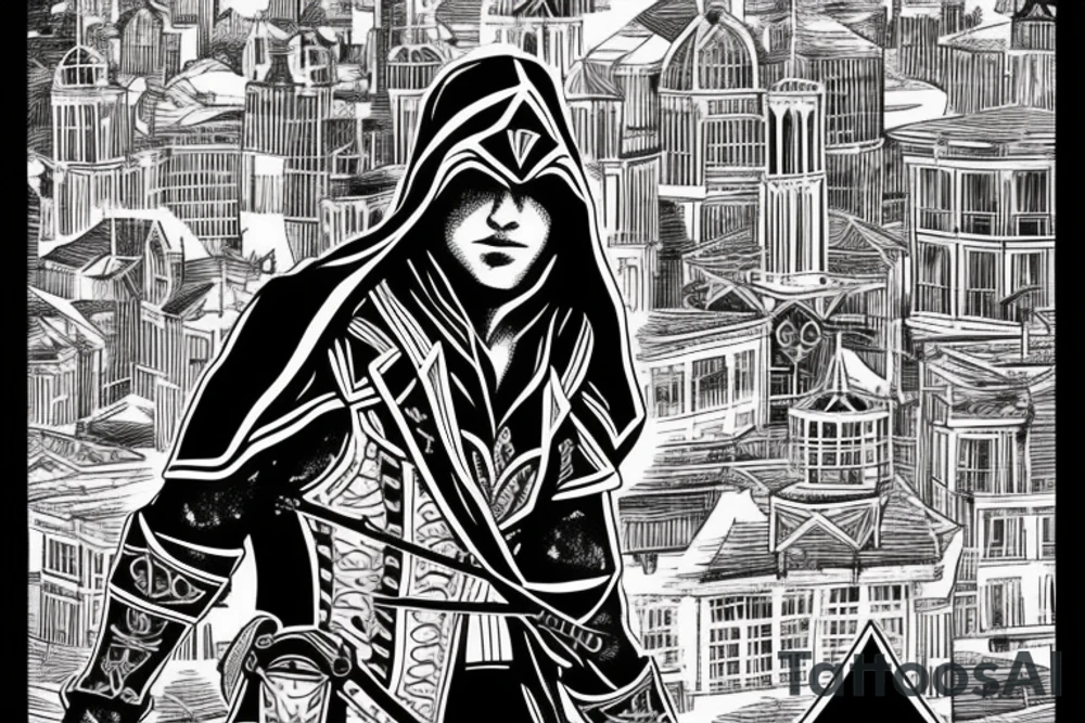 Assassin's creed assassin on the roof looking down at the city in modern times tattoo idea