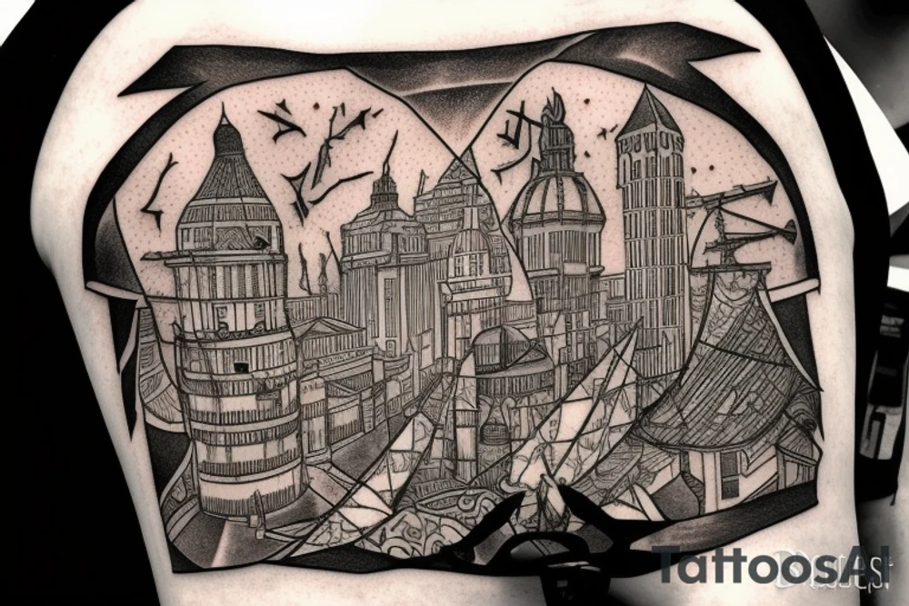Assassin's creed assassin on the roof looking down at the city in modern times tattoo idea