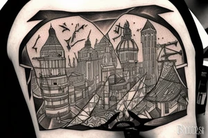 Assassin's creed assassin on the roof looking down at the city in modern times tattoo idea