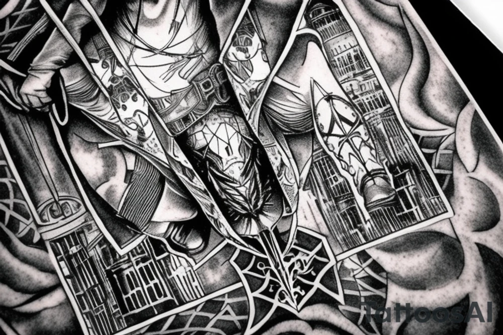 Assassin's creed assassin on the roof looking down at the city in modern times tattoo idea