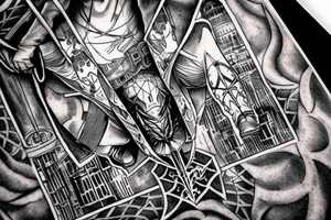 Assassin's creed assassin on the roof looking down at the city in modern times tattoo idea