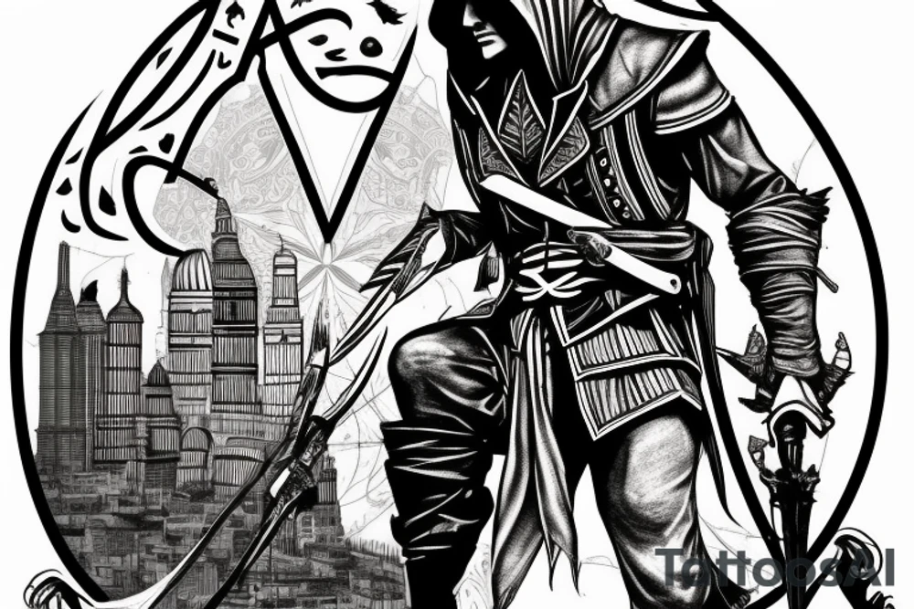 Assassin's creed assassin on the roof looking down at the city in modern times tattoo idea