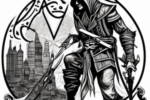 Assassin's creed assassin on the roof looking down at the city in modern times tattoo idea