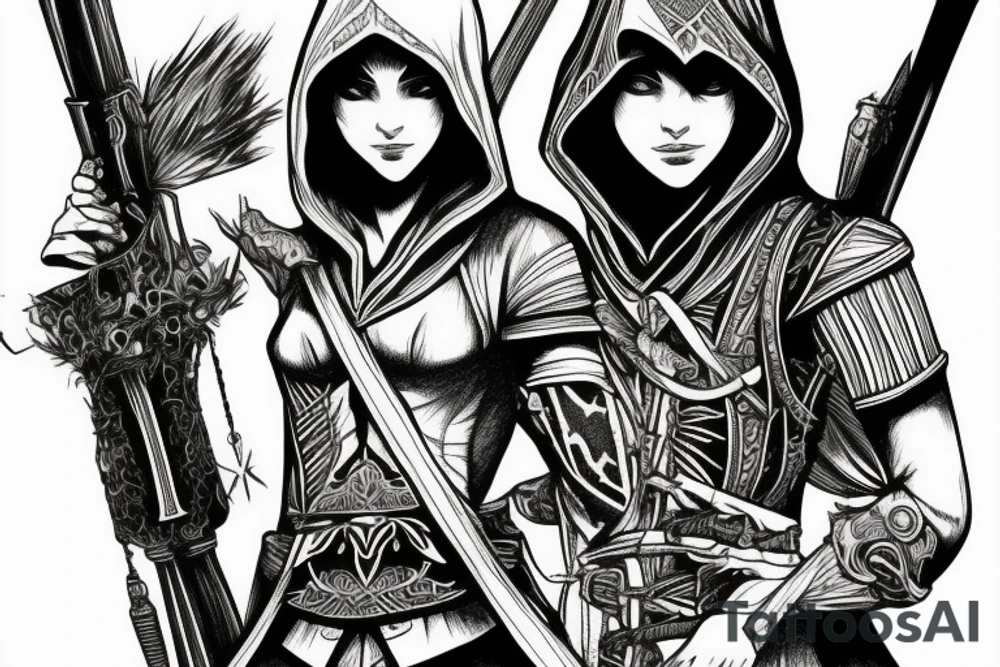 Assassin's creed assassin on the roof looking down at the city in modern times tattoo idea