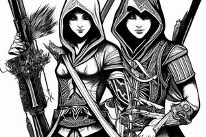 Assassin's creed assassin on the roof looking down at the city in modern times tattoo idea