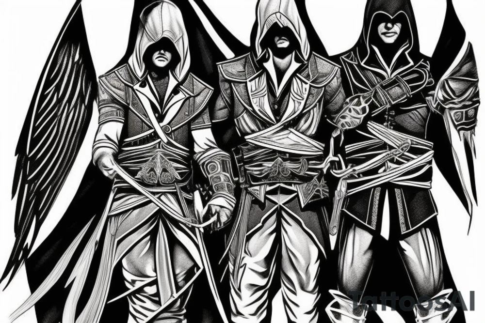 Assassin's creed assassin on the roof looking down at the city in modern times tattoo idea