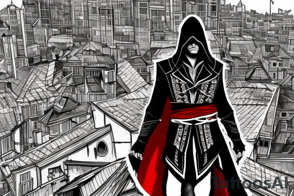 Assassin's creed assassin on the roof looking down at the city in modern times use only black and red as colors tattoo idea