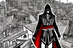 Assassin's creed assassin on the roof looking down at the city in modern times use only black and red as colors tattoo idea