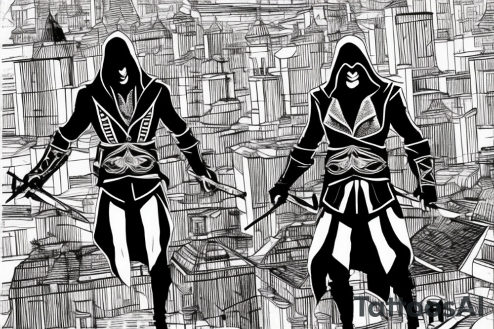 Assassin's creed assassin on the roof looking down at the city in modern times use only black and red as colors tattoo idea