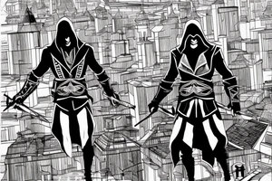 Assassin's creed assassin on the roof looking down at the city in modern times use only black and red as colors tattoo idea