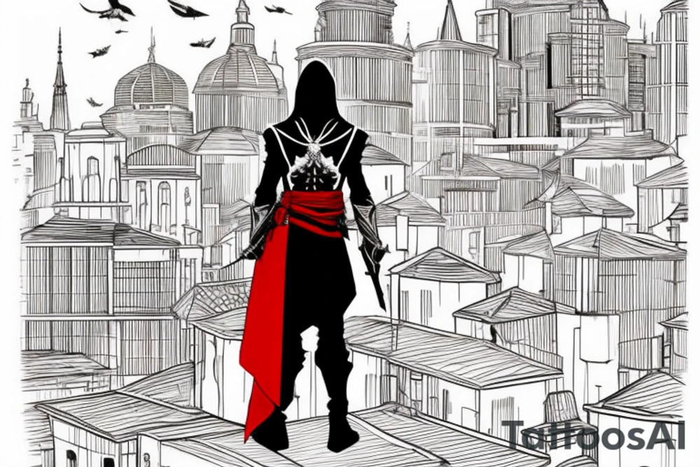Assassin's creed assassin on the roof looking down at the city in modern times use only black and red as colors tattoo idea