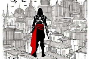 Assassin's creed assassin on the roof looking down at the city in modern times use only black and red as colors tattoo idea