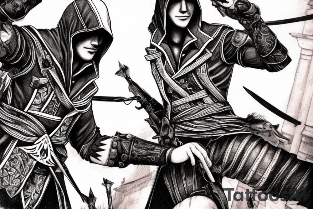 Assassin's creed assassin on the roof looking down at the city in modern times use only black and red as colors tattoo idea