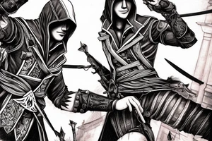 Assassin's creed assassin on the roof looking down at the city in modern times use only black and red as colors tattoo idea