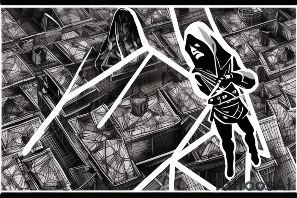 Assassin's creed assassin on the roof looking down at the city in modern times use only black and red as colors tattoo idea