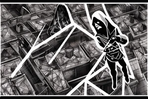 Assassin's creed assassin on the roof looking down at the city in modern times use only black and red as colors tattoo idea