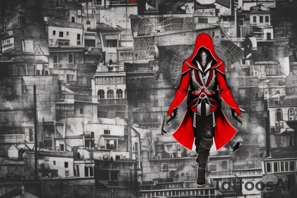 Assassin's creed assassin on the roof looking down at the city in modern times use only black and red as colors tattoo idea