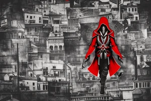 Assassin's creed assassin on the roof looking down at the city in modern times use only black and red as colors tattoo idea