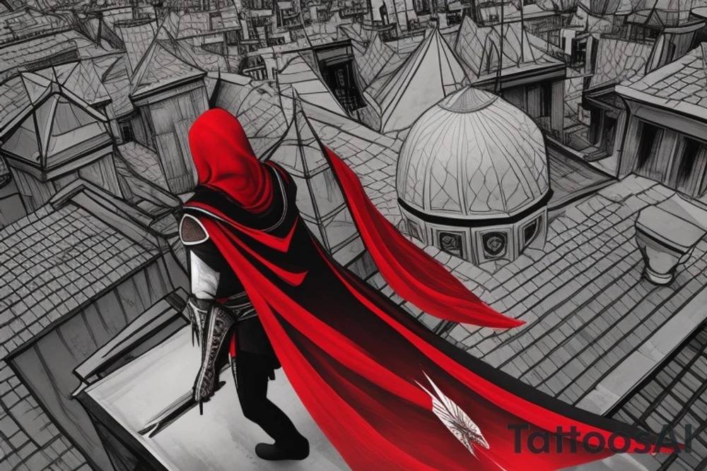 Assassin's creed assassin on the roof looking down at the city in modern times use only black and red as colors to be tattooed on my arm tattoo idea
