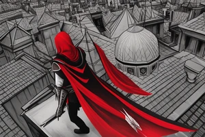 Assassin's creed assassin on the roof looking down at the city in modern times use only black and red as colors to be tattooed on my arm tattoo idea