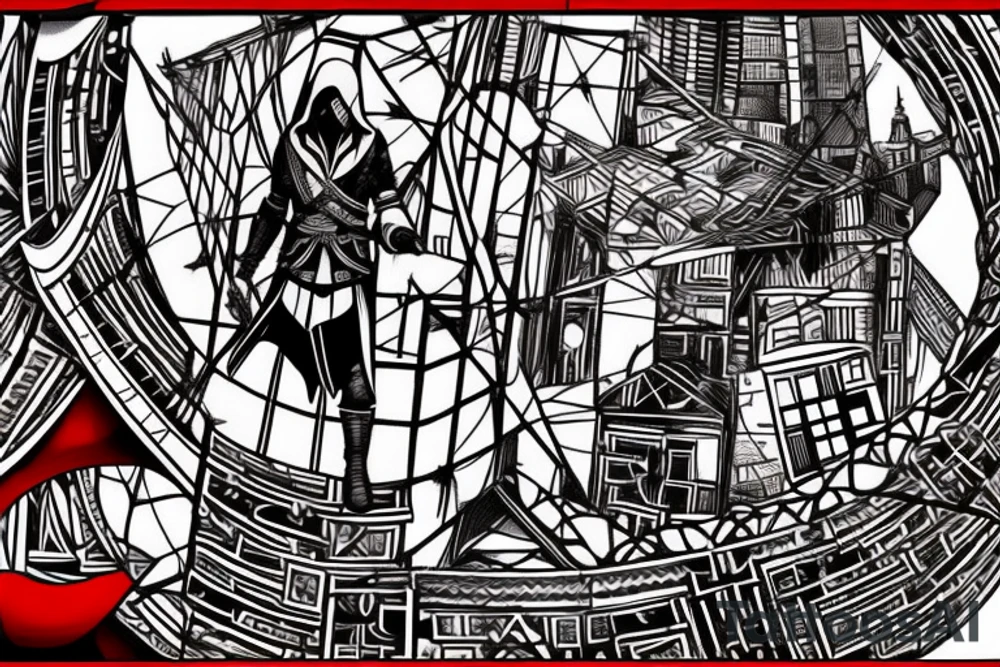 Assassin's creed assassin on the roof looking down at the city in modern times use only black and red as colors to be tattooed on my arm tattoo idea