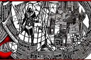 Assassin's creed assassin on the roof looking down at the city in modern times use only black and red as colors to be tattooed on my arm tattoo idea