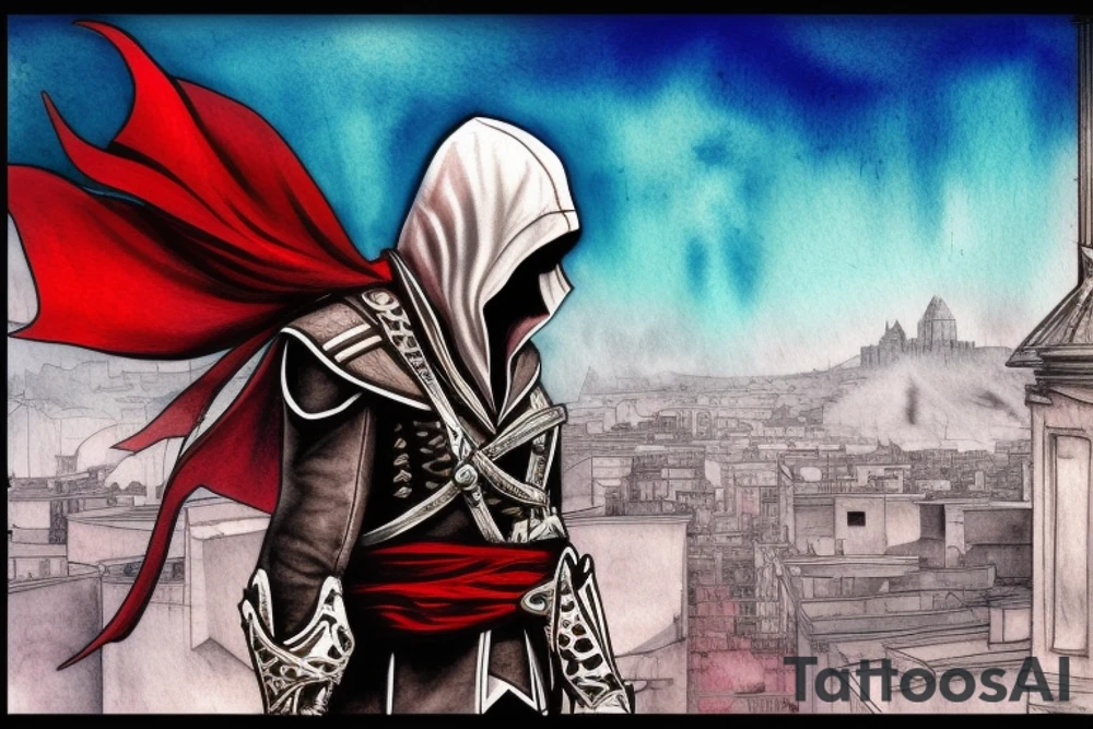 Assassin's creed assassin on the roof looking down at the city in modern times use only black and red as colors to be tattooed on my arm tattoo idea