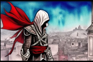 Assassin's creed assassin on the roof looking down at the city in modern times use only black and red as colors to be tattooed on my arm tattoo idea