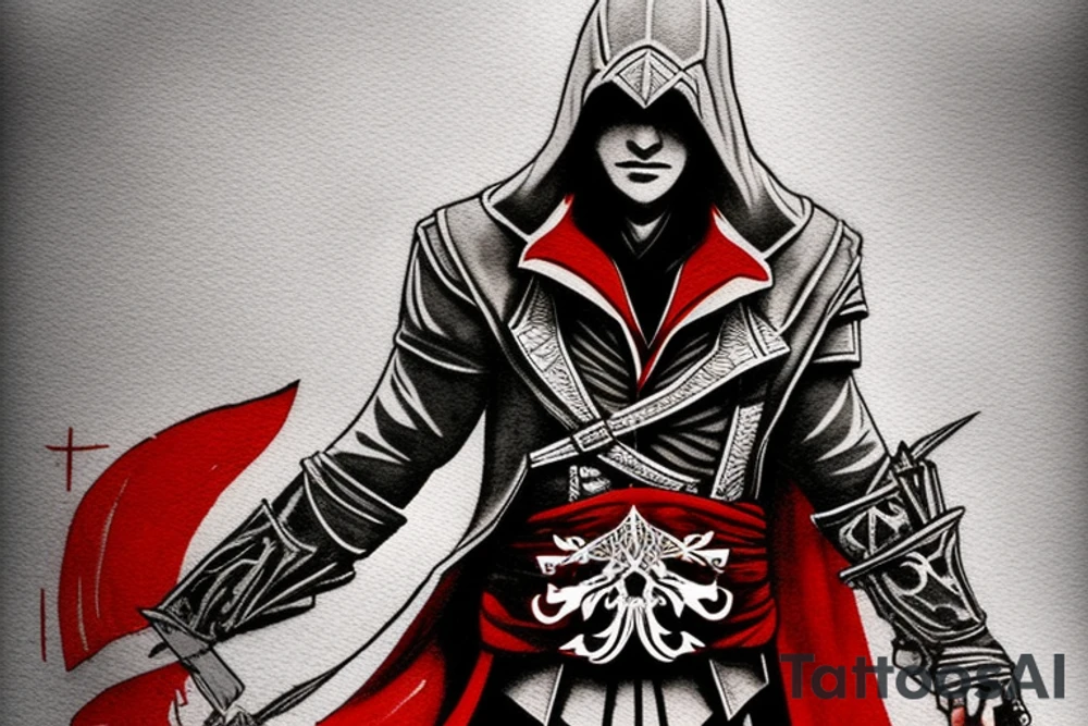 Assassin's creed assassin on the roof looking down at the city in modern times use only black and red as colors to be tattooed on my arm tattoo idea