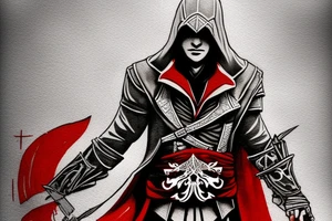 Assassin's creed assassin on the roof looking down at the city in modern times use only black and red as colors to be tattooed on my arm tattoo idea