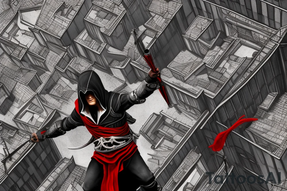 Assassin's creed assassin on the roof looking down at the city in modern times use only black and red as colors to be tattooed on my arm tattoo idea