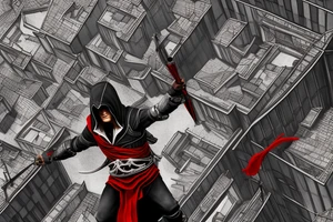 Assassin's creed assassin on the roof looking down at the city in modern times use only black and red as colors to be tattooed on my arm tattoo idea