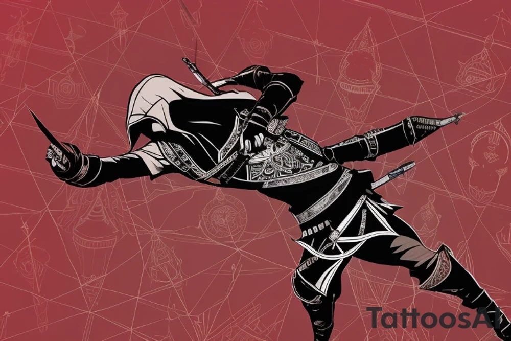 Assassin's creed assassin on the roof looking down at the city in modern times use only black and red as colors to be tattooed on my arm tattoo idea