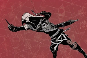 Assassin's creed assassin on the roof looking down at the city in modern times use only black and red as colors to be tattooed on my arm tattoo idea