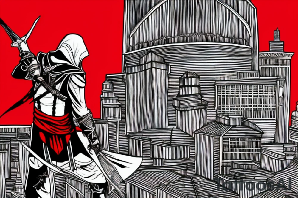Assassin's creed assassin on the roof looking down at the city in modern times use only black and red as colors to be tattooed on my arm tattoo idea