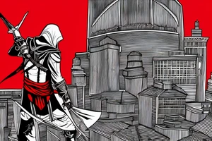 Assassin's creed assassin on the roof looking down at the city in modern times use only black and red as colors to be tattooed on my arm tattoo idea