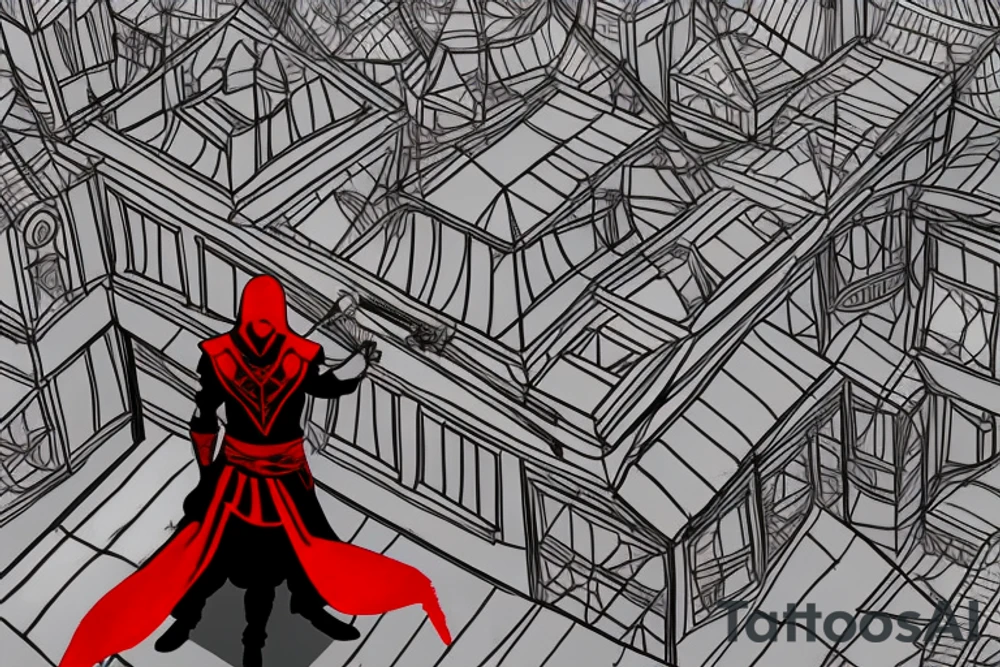 Assassin's creed assassin on the roof looking down at the city in modern times use only black and red as colors to be tattooed on my arm tattoo idea