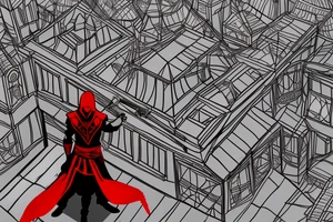 Assassin's creed assassin on the roof looking down at the city in modern times use only black and red as colors to be tattooed on my arm tattoo idea