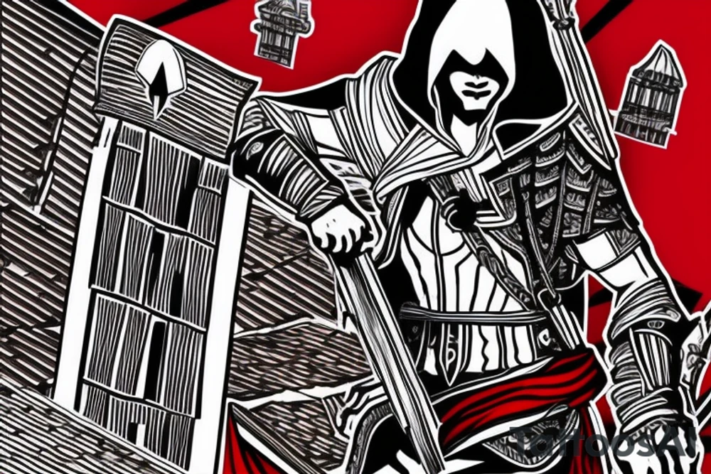 Assassin's creed assassin on the roof looking down at the city use only black and red as colors to be tattooed on my arm tattoo idea