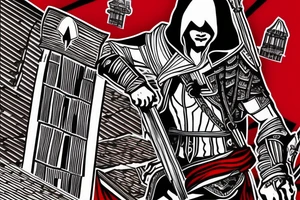 Assassin's creed assassin on the roof looking down at the city use only black and red as colors to be tattooed on my arm tattoo idea