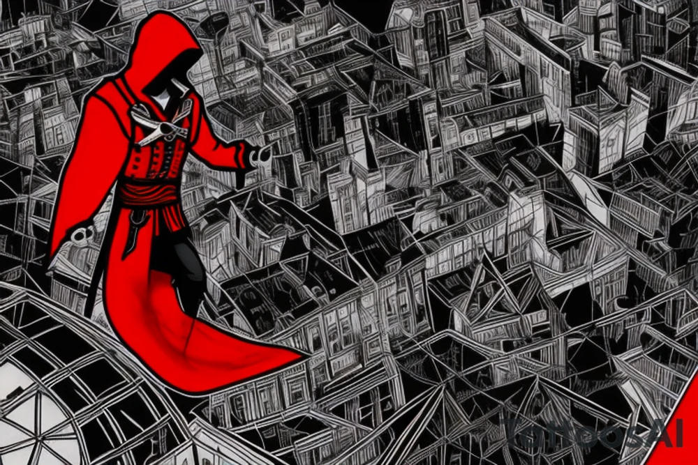Assassin's creed assassin on the roof looking down at the city use only black and red as colors to be tattooed on my arm tattoo idea