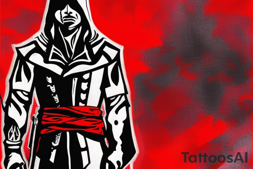 Assassin's creed assassin on the roof looking down at the city use only black and red as colors to be tattooed on my arm tattoo idea
