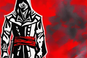 Assassin's creed assassin on the roof looking down at the city use only black and red as colors to be tattooed on my arm tattoo idea
