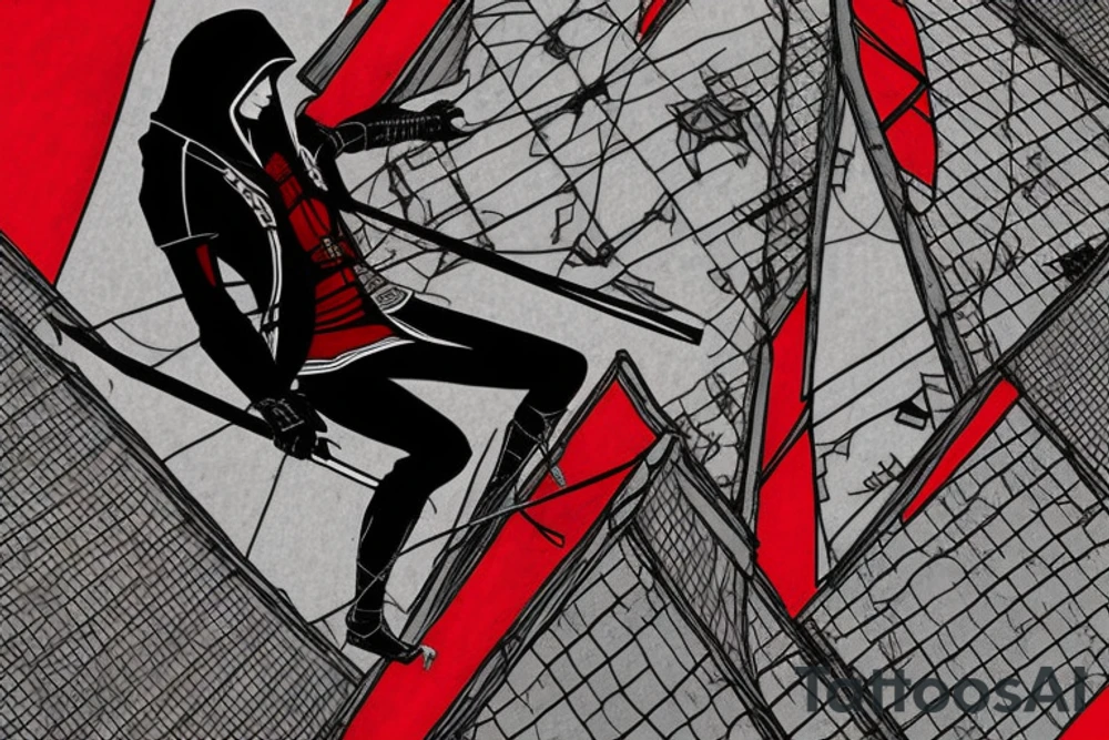 Assassin's creed assassin on the roof looking down at the city use only black and red as colors to be tattooed on my arm tattoo idea