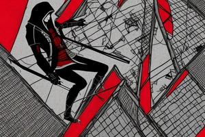 Assassin's creed assassin on the roof looking down at the city use only black and red as colors to be tattooed on my arm tattoo idea