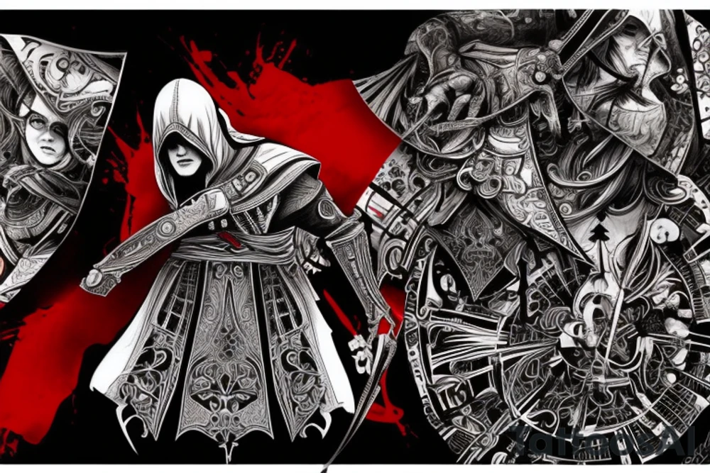 Assassin's creed assassin on the roof looking down at the city use only black and red as colors to be tattooed on my arm tattoo idea